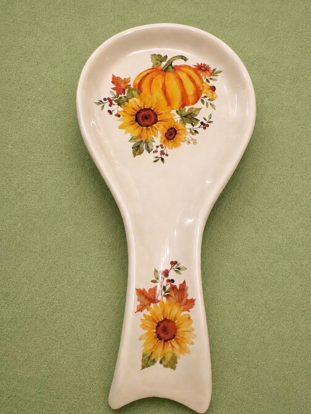 Glass Ceramic Pumpkin & Sunflower Autumn Decor 10” Spoon Rest 🎃👻🎃